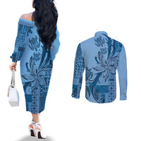 Talofa Samoa Mamanu Siapo Mix Malu Couples Matching Off The Shoulder Long Sleeve Dress and Long Sleeve Button Shirt Cool Blue Frangipani and Turtles