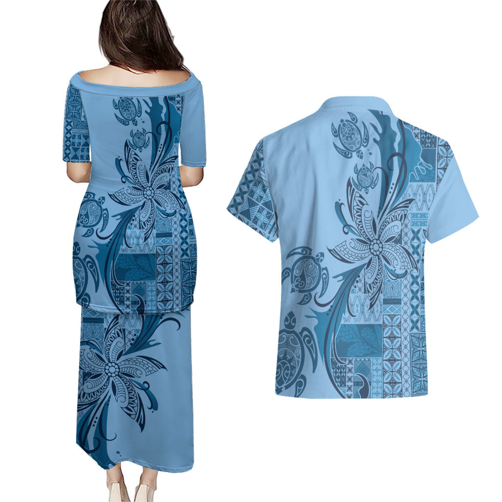 Talofa Samoa Mamanu Siapo Mix Malu Couples Matching Puletasi and Hawaiian Shirt Cool Blue Frangipani and Turtles