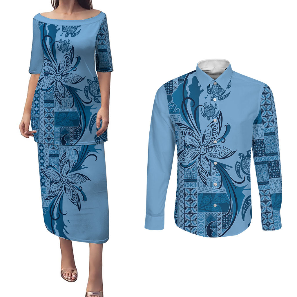 Talofa Samoa Mamanu Siapo Mix Malu Couples Matching Puletasi and Long Sleeve Button Shirt Cool Blue Frangipani and Turtles