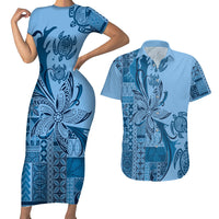 Talofa Samoa Mamanu Siapo Mix Malu Couples Matching Short Sleeve Bodycon Dress and Hawaiian Shirt Cool Blue Frangipani and Turtles