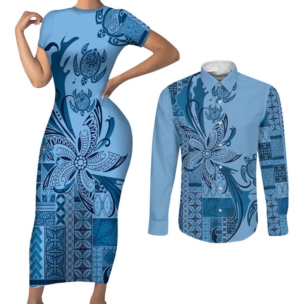 Talofa Samoa Mamanu Siapo Mix Malu Couples Matching Short Sleeve Bodycon Dress and Long Sleeve Button Shirt Cool Blue Frangipani and Turtles