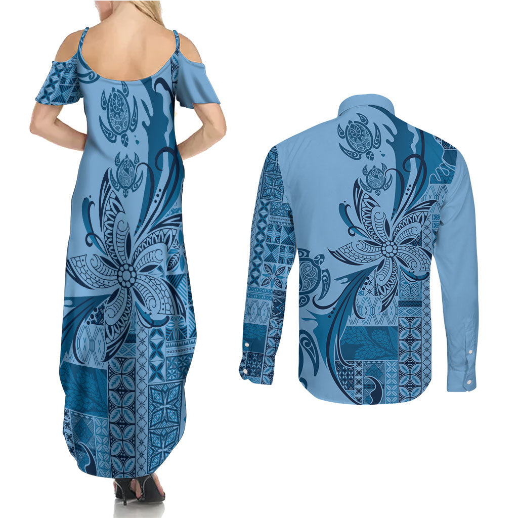 Talofa Samoa Mamanu Siapo Mix Malu Couples Matching Summer Maxi Dress and Long Sleeve Button Shirt Cool Blue Frangipani and Turtles