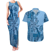 Talofa Samoa Mamanu Siapo Mix Malu Couples Matching Tank Maxi Dress and Hawaiian Shirt Cool Blue Frangipani and Turtles