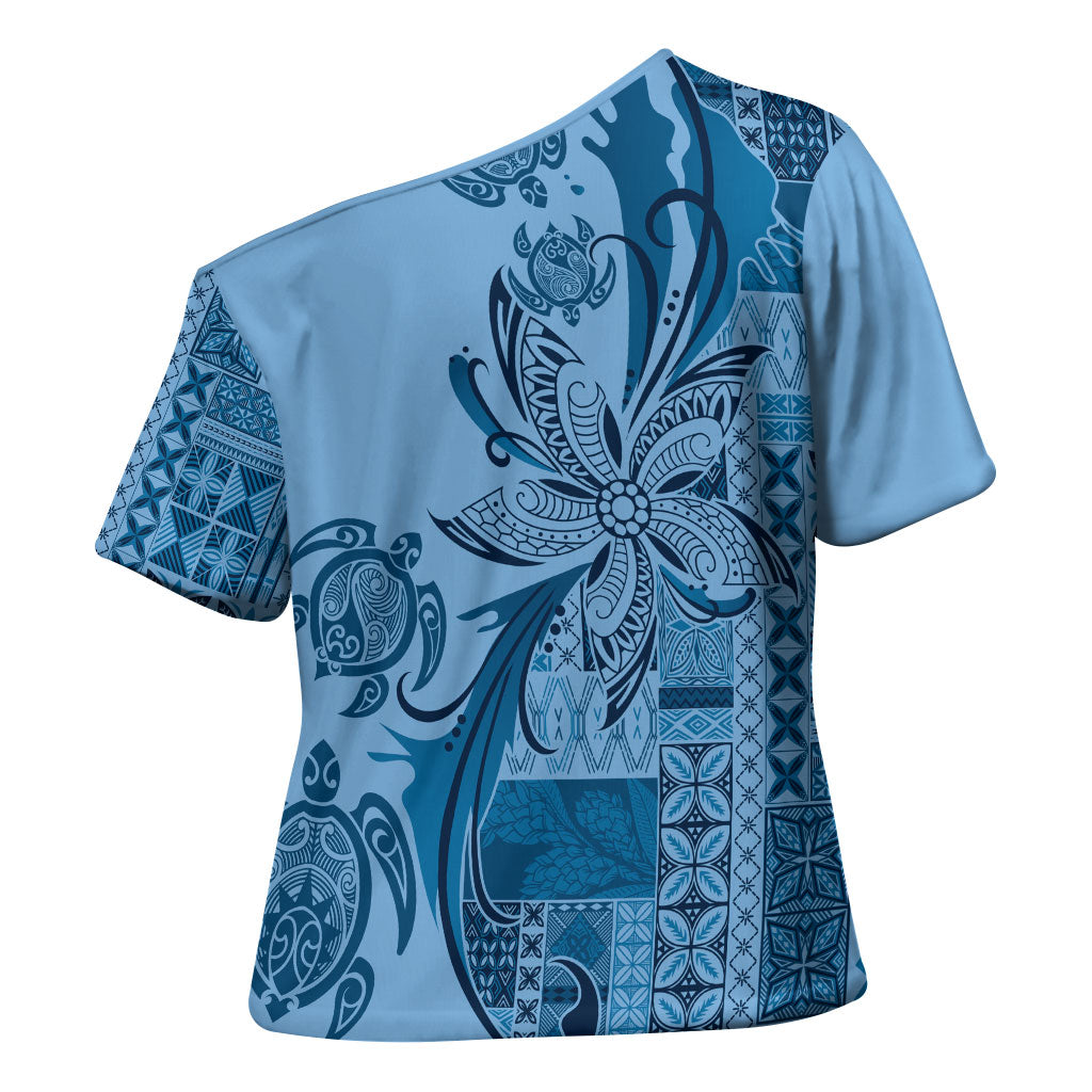 Talofa Samoa Mamanu Siapo Mix Malu Cross Shoulder Shirt Cool Blue Frangipani and Turtles