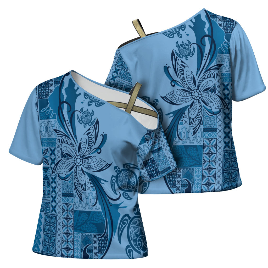 Talofa Samoa Mamanu Siapo Mix Malu Cross Shoulder Shirt Cool Blue Frangipani and Turtles