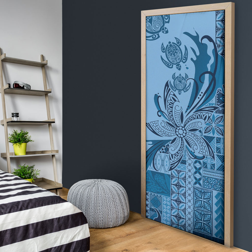 Talofa Samoa Mamanu Siapo Mix Malu Door Cover Cool Blue Frangipani and Turtles