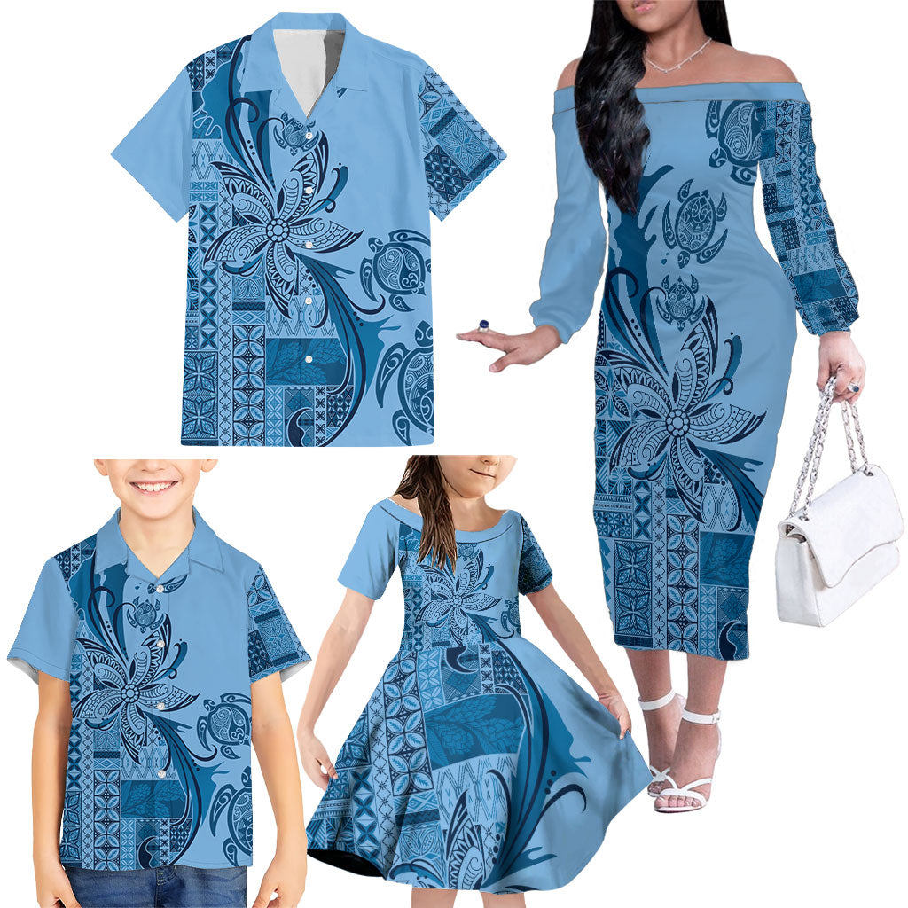 Talofa Samoa Mamanu Siapo Mix Malu Family Matching Off The Shoulder Long Sleeve Dress and Hawaiian Shirt Cool Blue Frangipani and Turtles