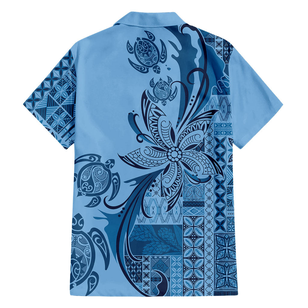 Talofa Samoa Mamanu Siapo Mix Malu Family Matching Off The Shoulder Long Sleeve Dress and Hawaiian Shirt Cool Blue Frangipani and Turtles