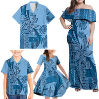 Talofa Samoa Mamanu Siapo Mix Malu Family Matching Off Shoulder Maxi Dress and Hawaiian Shirt Cool Blue Frangipani and Turtles