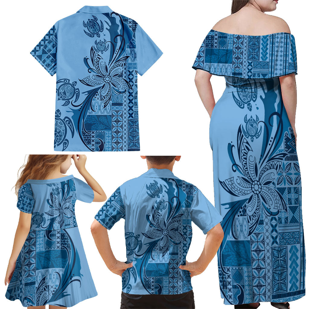 Talofa Samoa Mamanu Siapo Mix Malu Family Matching Off Shoulder Maxi Dress and Hawaiian Shirt Cool Blue Frangipani and Turtles