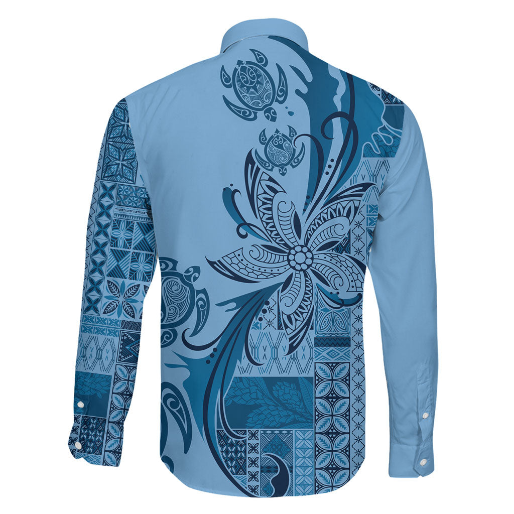 Talofa Samoa Mamanu Siapo Mix Malu Family Matching Off Shoulder Maxi Dress and Hawaiian Shirt Cool Blue Frangipani and Turtles
