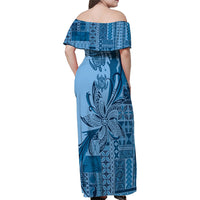 Talofa Samoa Mamanu Siapo Mix Malu Family Matching Off Shoulder Maxi Dress and Hawaiian Shirt Cool Blue Frangipani and Turtles