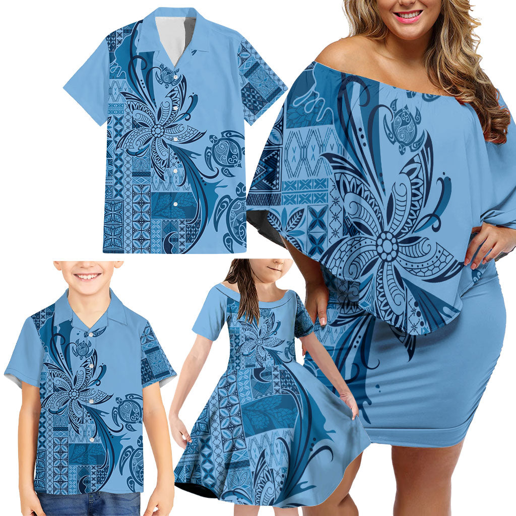 Talofa Samoa Mamanu Siapo Mix Malu Family Matching Off Shoulder Short Dress and Hawaiian Shirt Cool Blue Frangipani and Turtles