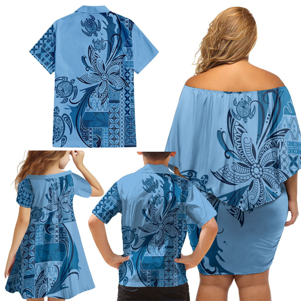 Talofa Samoa Mamanu Siapo Mix Malu Family Matching Off Shoulder Short Dress and Hawaiian Shirt Cool Blue Frangipani and Turtles