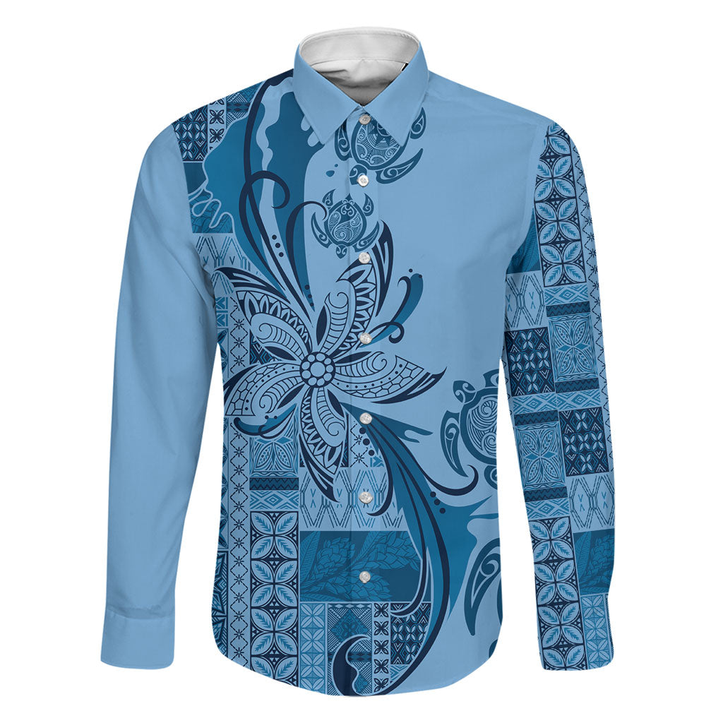 Talofa Samoa Mamanu Siapo Mix Malu Family Matching Off Shoulder Short Dress and Hawaiian Shirt Cool Blue Frangipani and Turtles