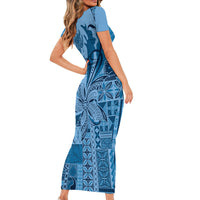 Talofa Samoa Mamanu Siapo Mix Malu Family Matching Short Sleeve Bodycon Dress and Hawaiian Shirt Cool Blue Frangipani and Turtles
