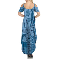 Talofa Samoa Mamanu Siapo Mix Malu Family Matching Summer Maxi Dress and Hawaiian Shirt Cool Blue Frangipani and Turtles