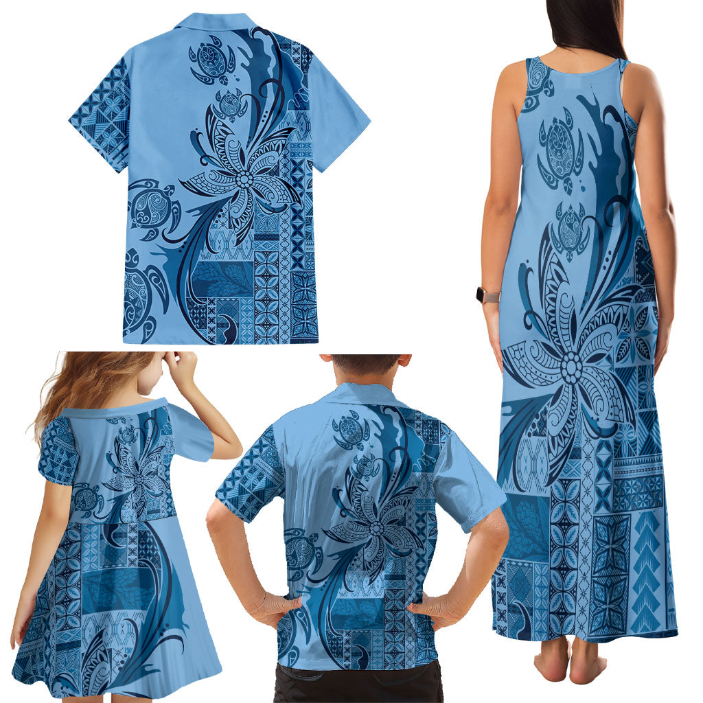 Talofa Samoa Mamanu Siapo Mix Malu Family Matching Tank Maxi Dress and Hawaiian Shirt Cool Blue Frangipani and Turtles
