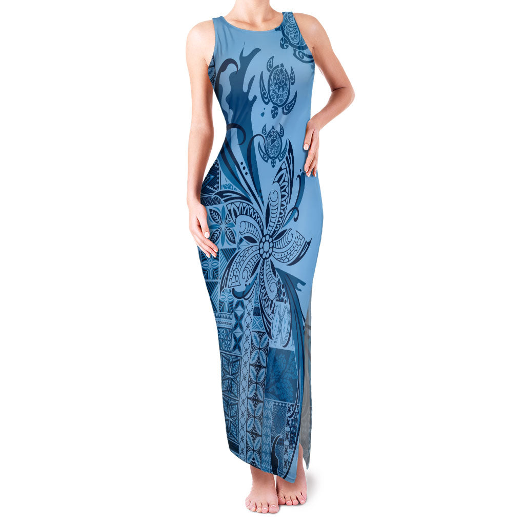 Talofa Samoa Mamanu Siapo Mix Malu Family Matching Tank Maxi Dress and Hawaiian Shirt Cool Blue Frangipani and Turtles