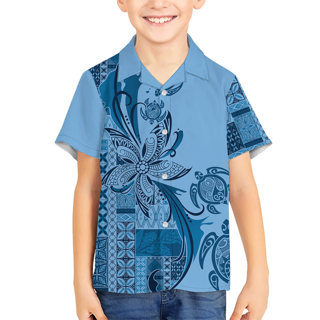 Talofa Samoa Mamanu Siapo Mix Malu Family Matching Tank Maxi Dress and Hawaiian Shirt Cool Blue Frangipani and Turtles