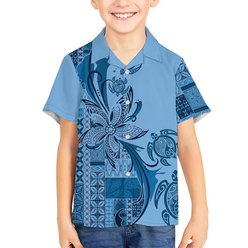 Talofa Samoa Mamanu Siapo Mix Malu Hawaiian Shirt Cool Blue Frangipani and Turtles