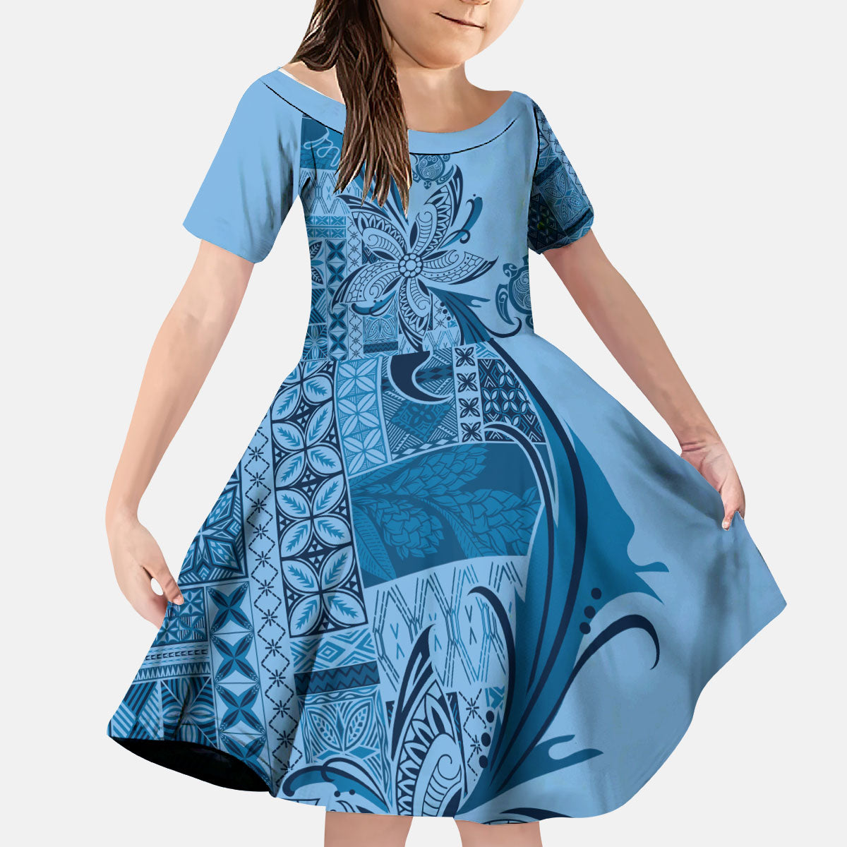 Talofa Samoa Mamanu Siapo Mix Malu Kid Short Sleeve Dress Cool Blue Frangipani and Turtles LT7 KID Blue - Polynesian Pride