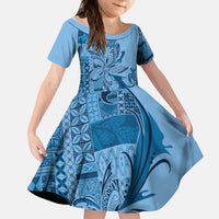 Talofa Samoa Mamanu Siapo Mix Malu Kid Short Sleeve Dress Cool Blue Frangipani and Turtles LT7 KID Blue - Polynesian Pride