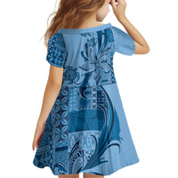 Talofa Samoa Mamanu Siapo Mix Malu Kid Short Sleeve Dress Cool Blue Frangipani and Turtles LT7 - Polynesian Pride