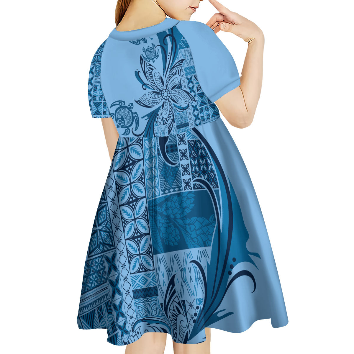 Talofa Samoa Mamanu Siapo Mix Malu Kid Short Sleeve Dress Cool Blue Frangipani and Turtles LT7 - Polynesian Pride