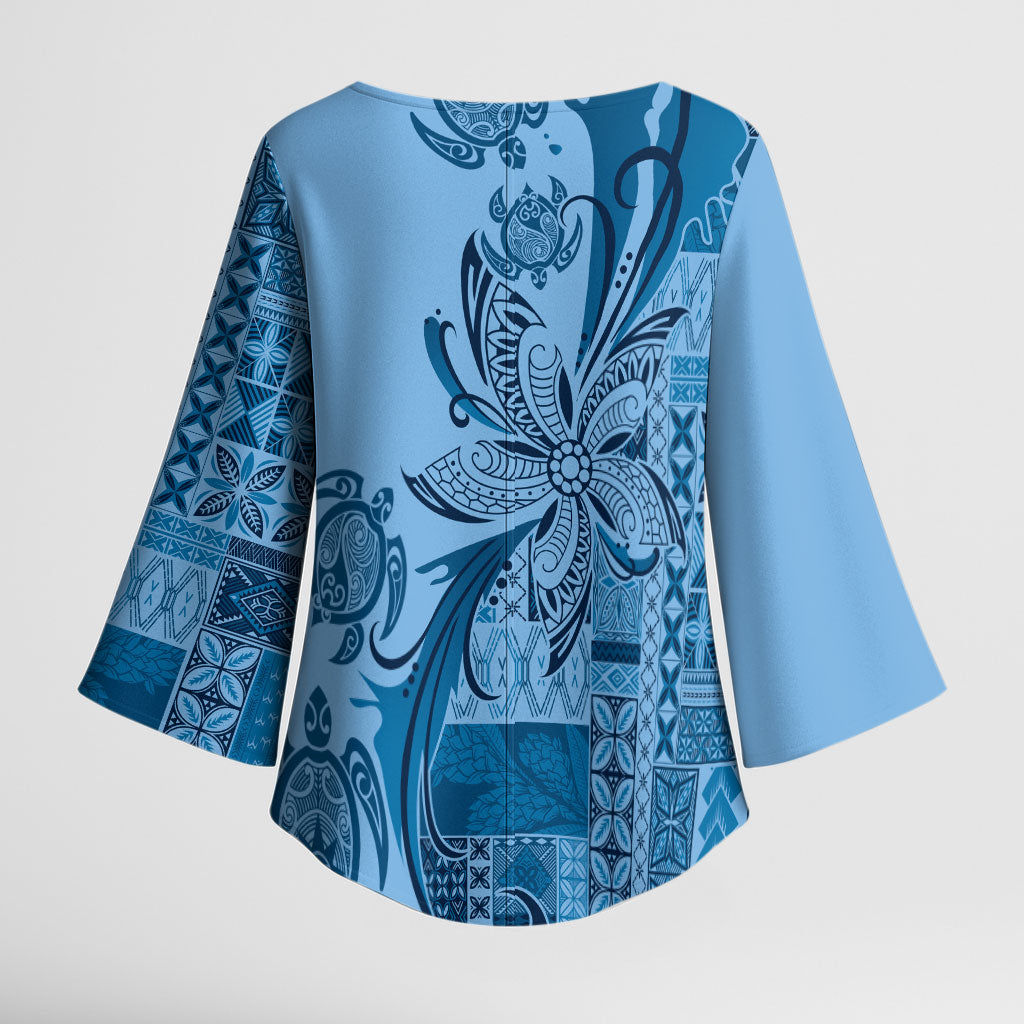 Talofa Samoa Mamanu Siapo Mix Malu Kimono Sleeve Blouse Cool Blue Frangipani and Turtles