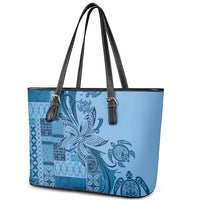 Talofa Samoa Mamanu Siapo Mix Malu Leather Tote Bag Cool Blue Frangipani and Turtles