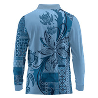 Talofa Samoa Mamanu Siapo Mix Malu Long Sleeve Polo Shirt Cool Blue Frangipani and Turtles