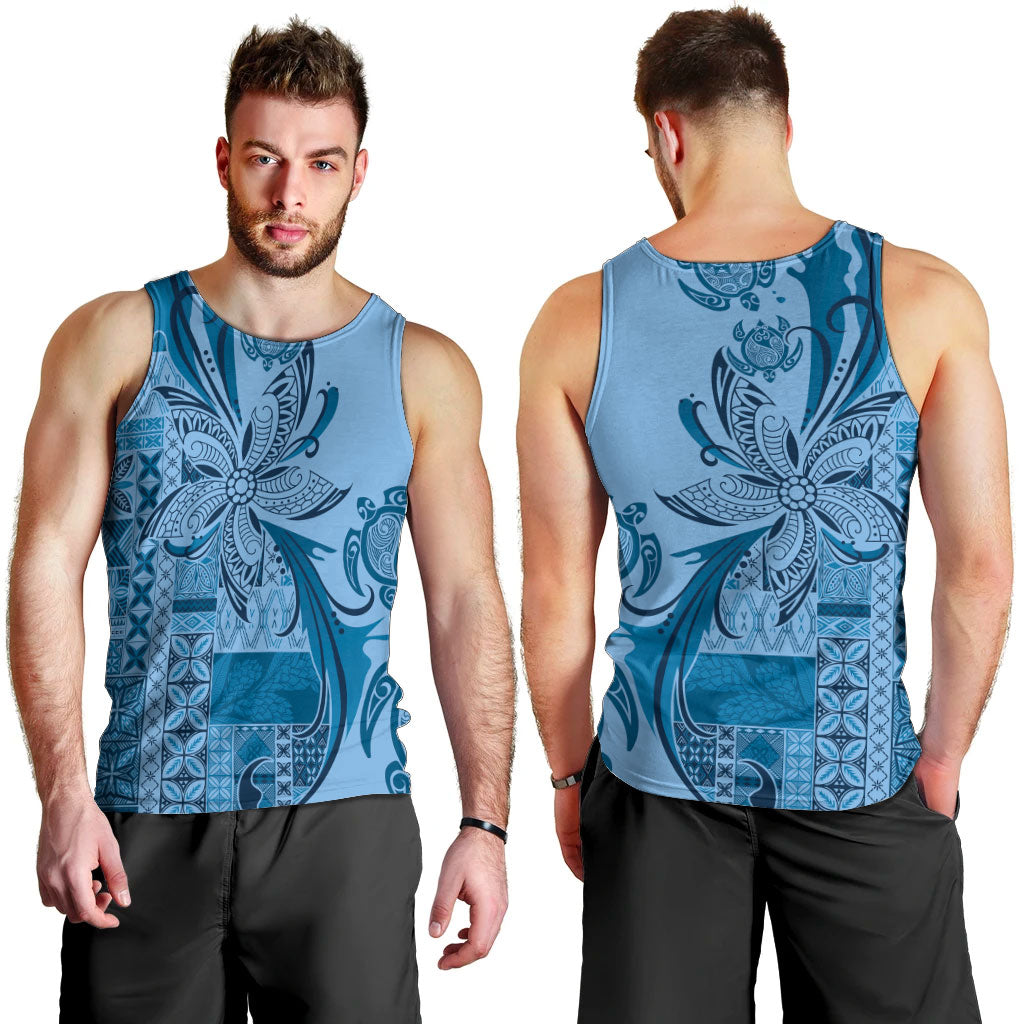 Talofa Samoa Mamanu Siapo Mix Malu Men Tank Top Cool Blue Frangipani and Turtles