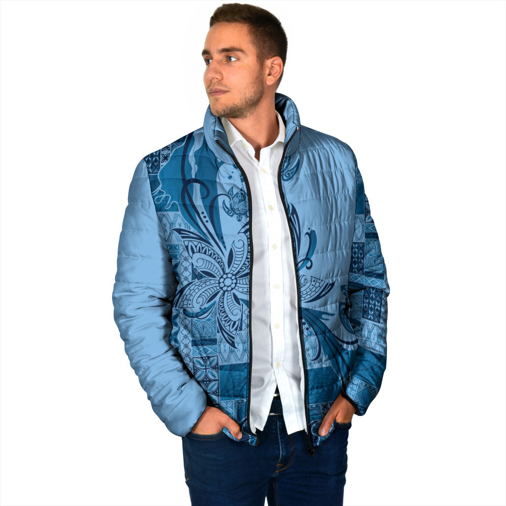 Talofa Samoa Mamanu Siapo Mix Malu Padded Jacket Cool Blue Frangipani and Turtles