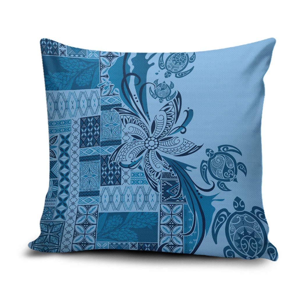 Talofa Samoa Mamanu Siapo Mix Malu Pillow Cover Cool Blue Frangipani and Turtles