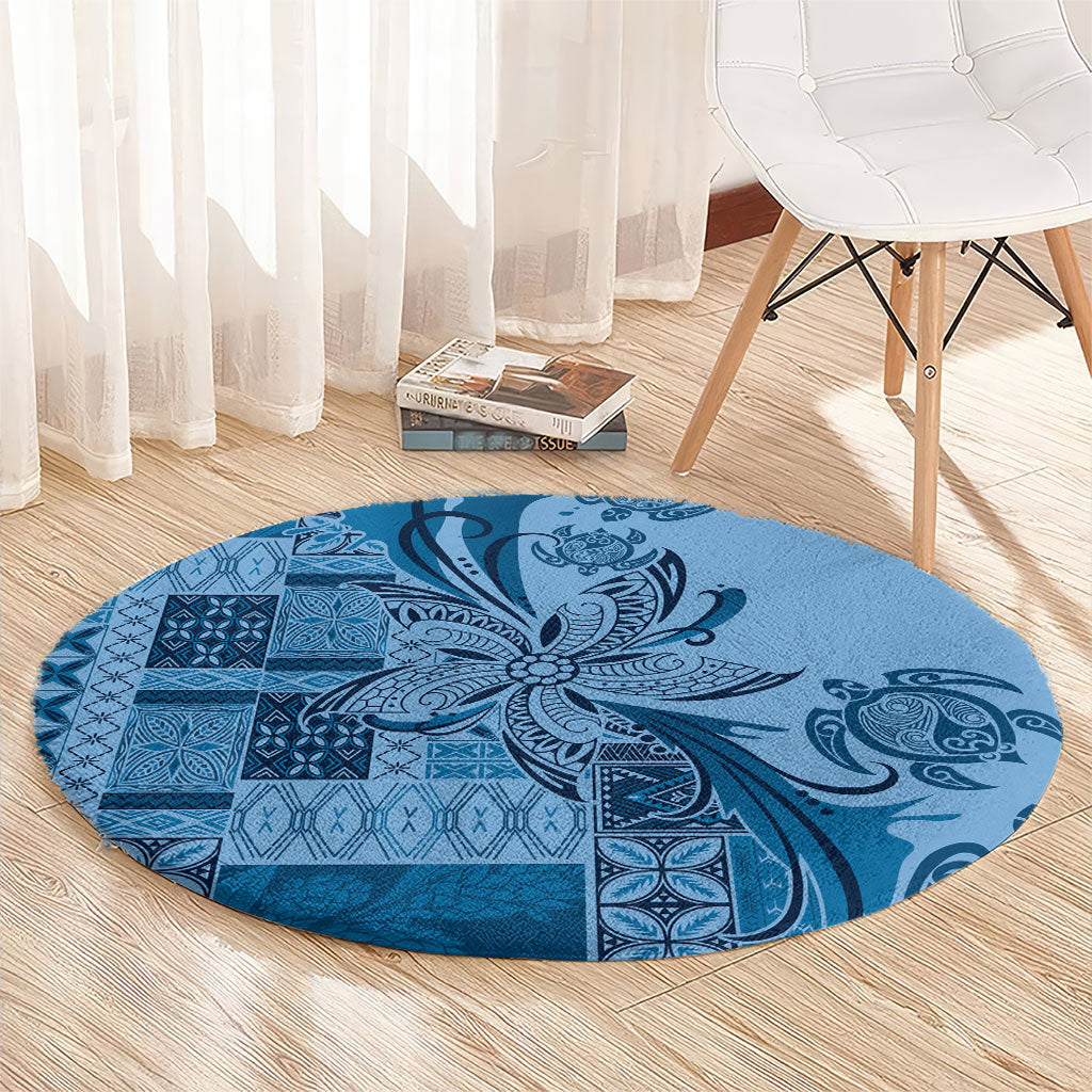 Talofa Samoa Mamanu Siapo Mix Malu Round Carpet Cool Blue Frangipani and Turtles