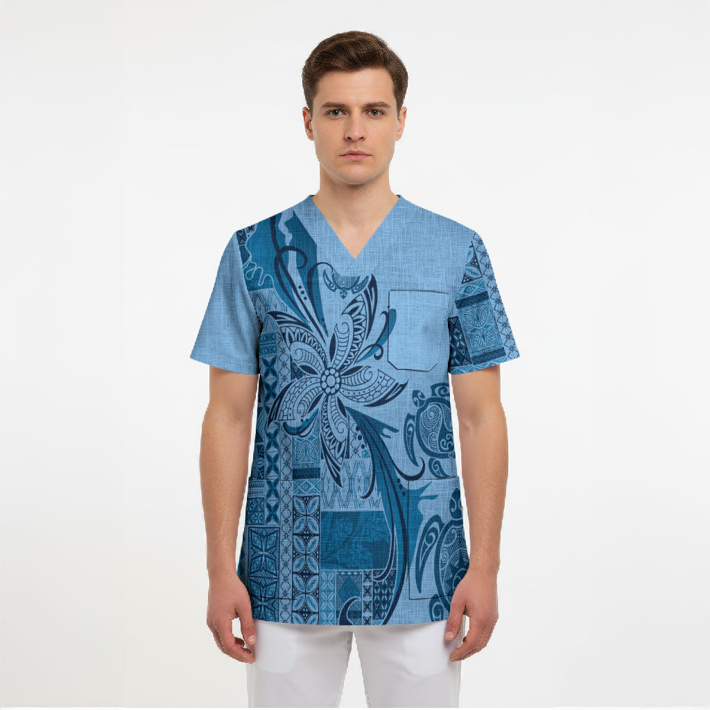 Talofa Samoa Mamanu Siapo Mix Malu Scrub Top Cool Blue Frangipani and Turtles
