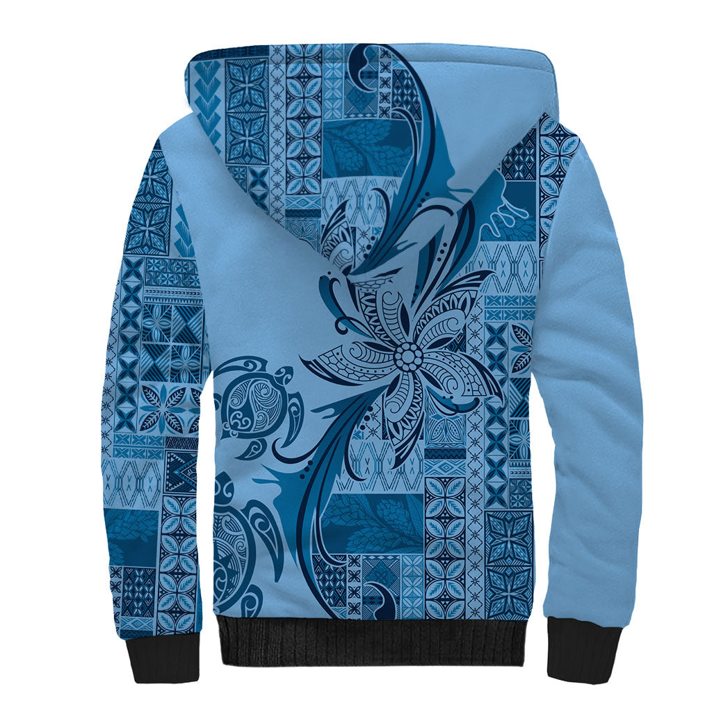 Talofa Samoa Mamanu Siapo Mix Malu Sherpa Hoodie Cool Blue Frangipani and Turtles