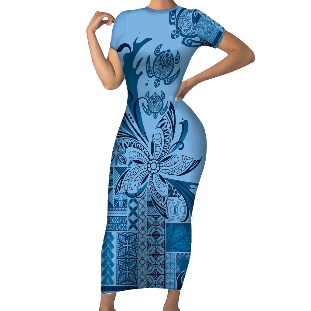 Talofa Samoa Mamanu Siapo Mix Malu Short Sleeve Bodycon Dress Cool Blue Frangipani and Turtles