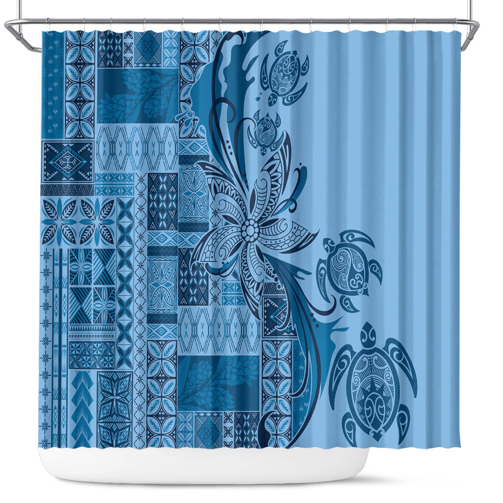 Talofa Samoa Mamanu Siapo Mix Malu Shower Curtain Cool Blue Frangipani and Turtles