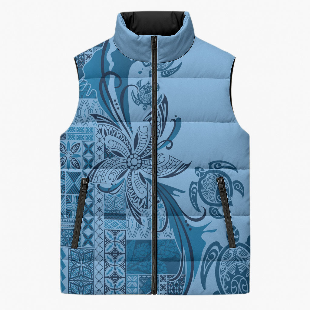 Talofa Samoa Mamanu Siapo Mix Malu Sleeveless Puffer Jacket Cool Blue Frangipani and Turtles LT7 Unisex Blue - Polynesian Pride