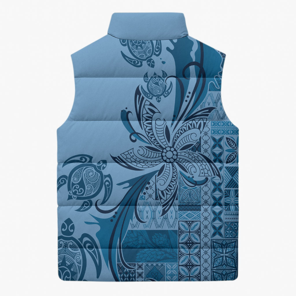 Talofa Samoa Mamanu Siapo Mix Malu Sleeveless Puffer Jacket Cool Blue Frangipani and Turtles LT7 - Polynesian Pride