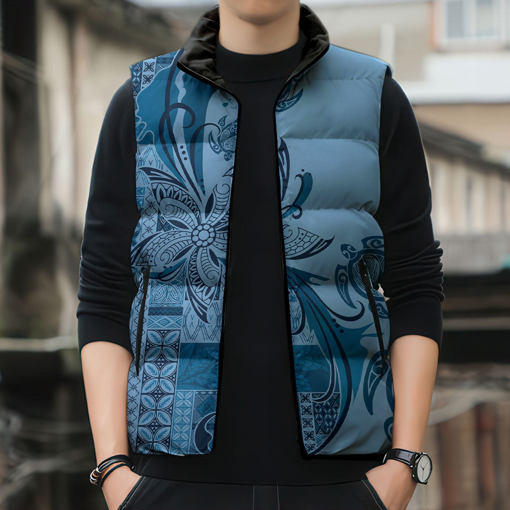 Talofa Samoa Mamanu Siapo Mix Malu Sleeveless Puffer Jacket Cool Blue Frangipani and Turtles LT7 - Polynesian Pride