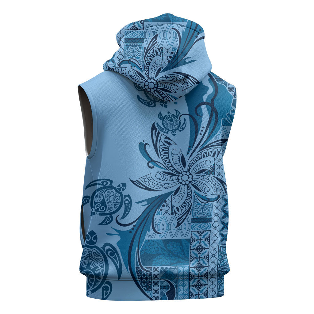 Talofa Samoa Mamanu Siapo Mix Malu Sleeveless Zip Hoodie Cool Blue Frangipani and Turtles
