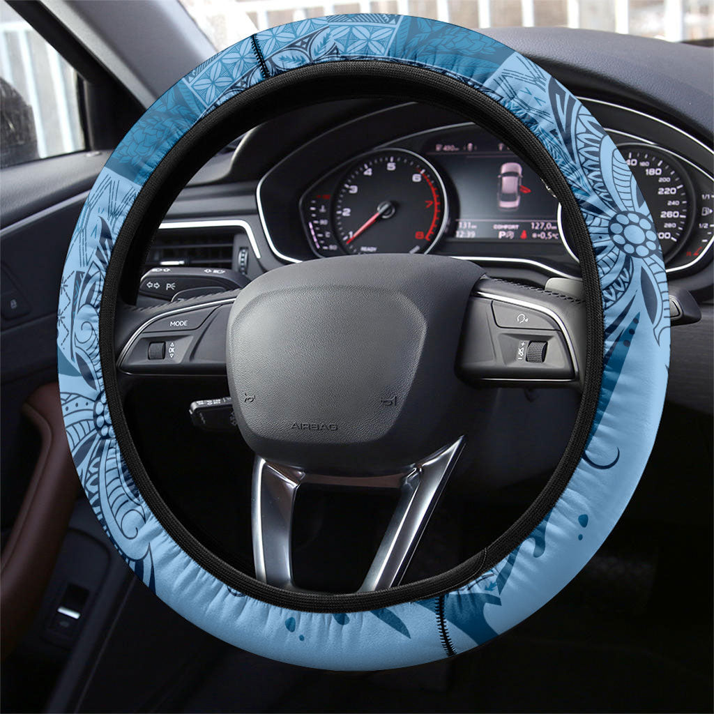 Talofa Samoa Mamanu Siapo Mix Malu Steering Wheel Cover Cool Blue Frangipani and Turtles