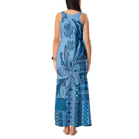Talofa Samoa Mamanu Siapo Mix Malu Tank Maxi Dress Cool Blue Frangipani and Turtles