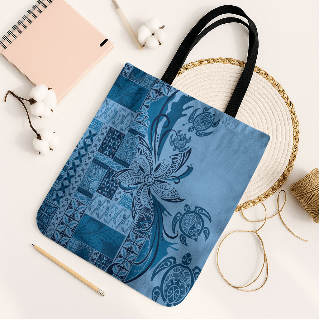 Talofa Samoa Mamanu Siapo Mix Malu Tote Bag Cool Blue Frangipani and Turtles LT7 Black Strap One Size Blue - Polynesian Pride