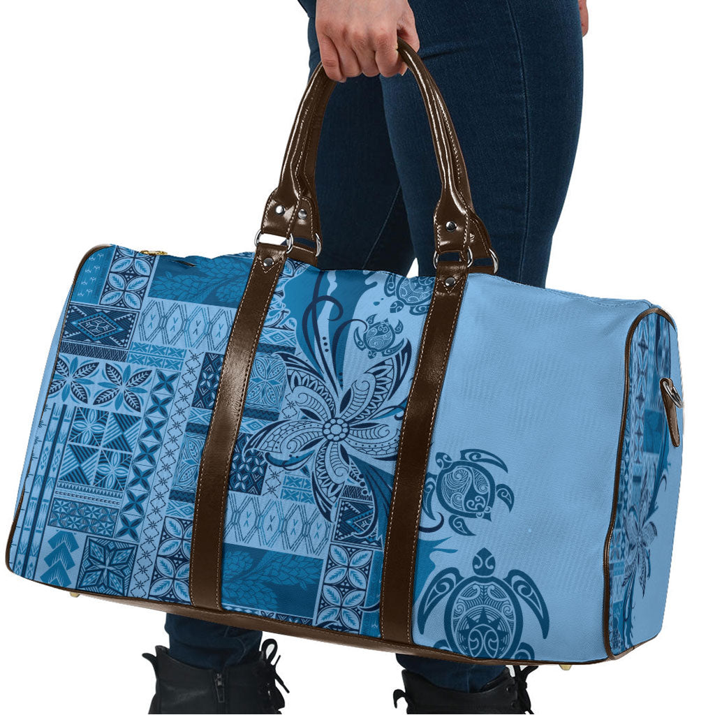 Talofa Samoa Mamanu Siapo Mix Malu Travel Bag Cool Blue Frangipani and Turtles