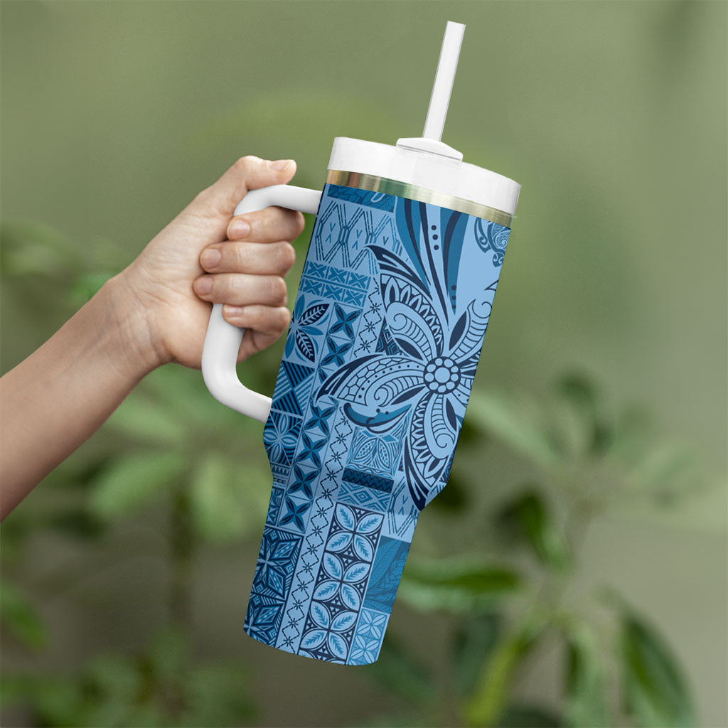 Talofa Samoa Mamanu Siapo Mix Malu Tumbler With Handle Cool Blue Frangipani and Turtles