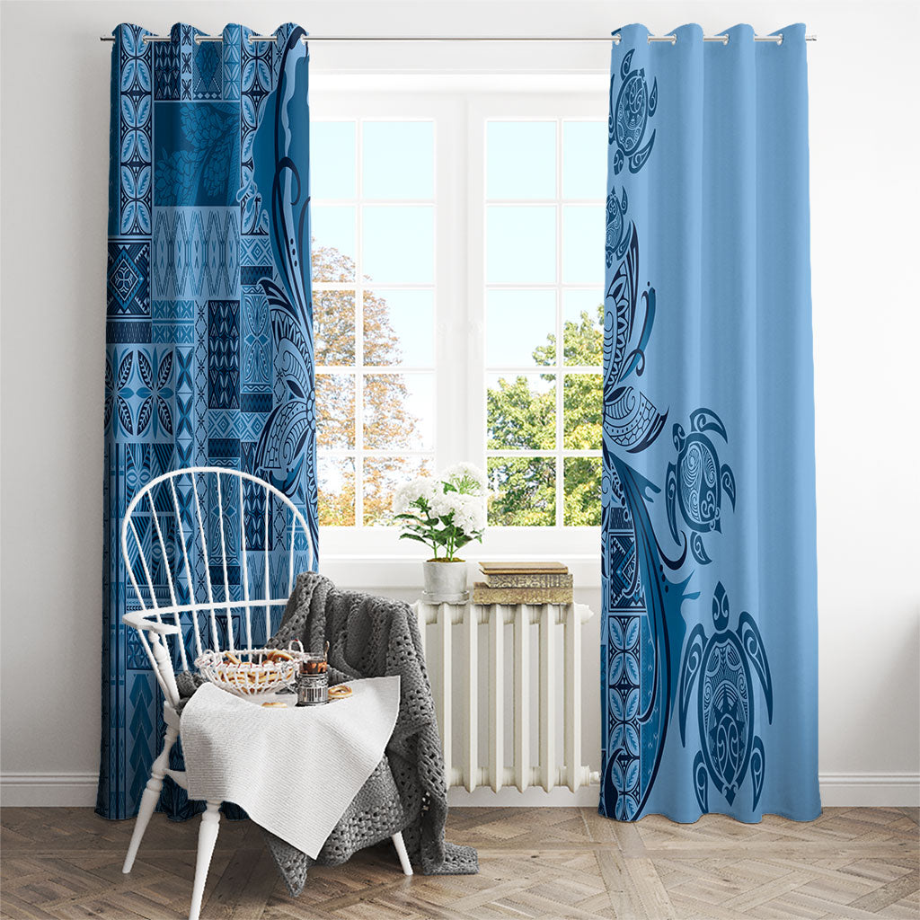 Talofa Samoa Mamanu Siapo Mix Malu Window Curtain Cool Blue Frangipani and Turtles